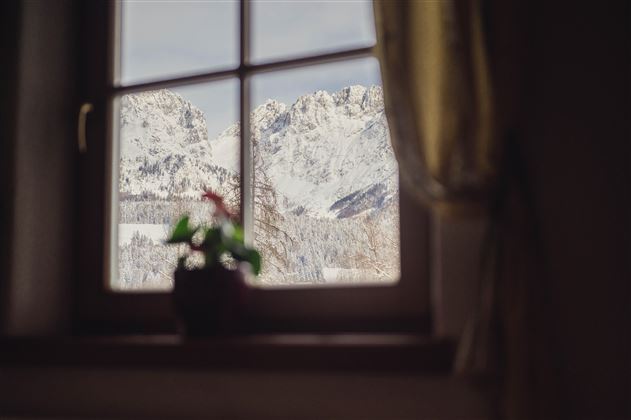 A view from a window of snow-covered mountains. In the foreground, there is a small plant on the windowsill.