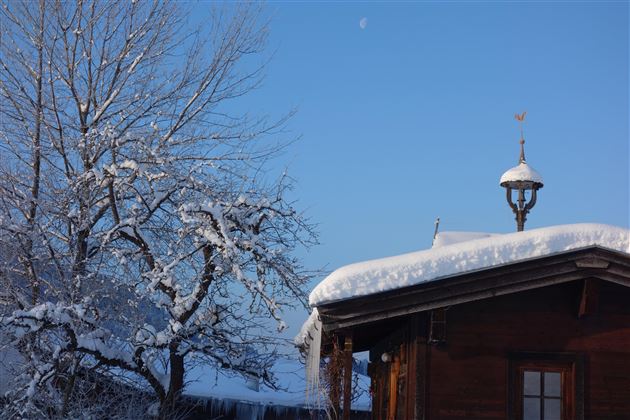 A snow-covered roof of a wooden house stands against a clear, blue sky. In the background, a tree with snow-white branches can be seen.