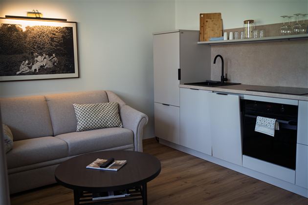 Een moderne woonkamer met een comfortabele bank en een tafel. De keuken is licht en goed uitgerust.