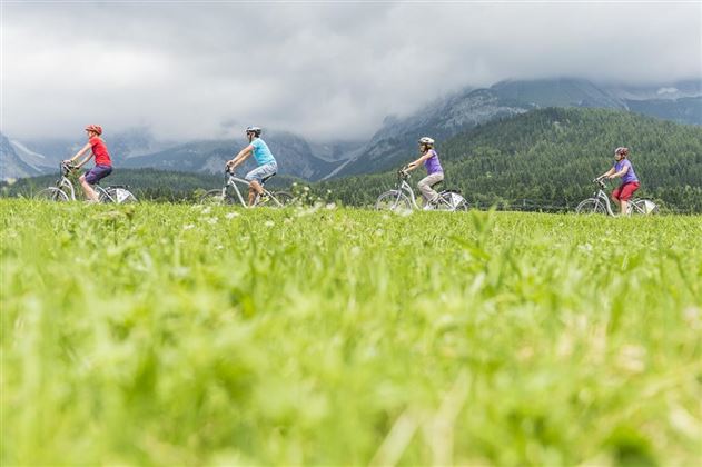 A group of cyclists rides through a green landscape. In the background, mountains and a cloudy sky can be seen.