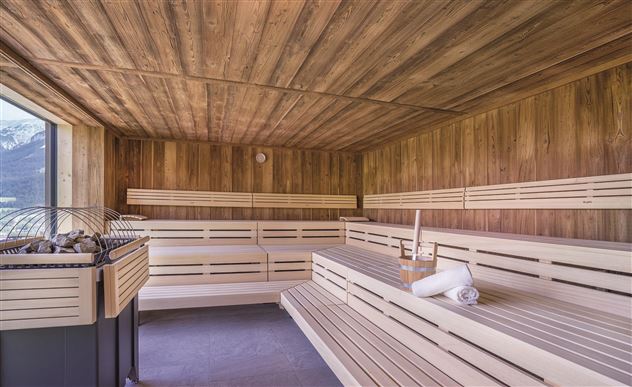 Een moderne sauna met houten bekleding en comfortabele banken. Grote ramen bieden uitzicht op de natuur.