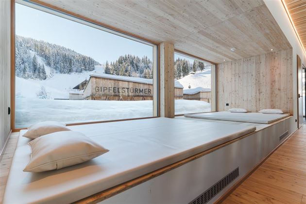 A modern room with wooden paneling and large windows. Outside, you can see snow-covered mountains and a serene landscape.