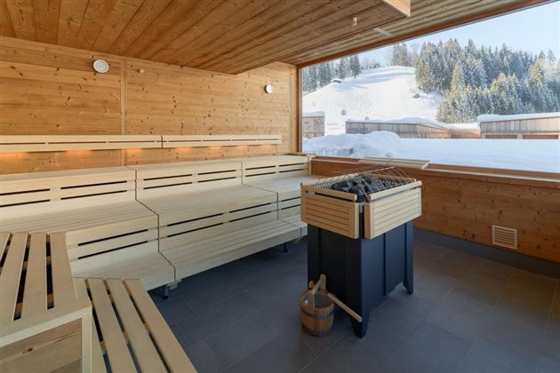 A bright sauna with a wooden bench and a stove. Through the window, you can see snow-covered mountains.