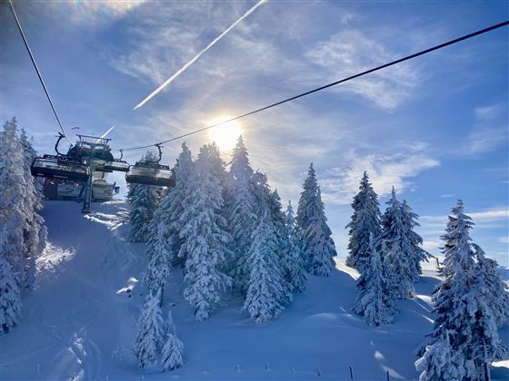 A picturesque winter landscape with snow-covered trees and a ski lift. The sun shines over the snow-rich hills.