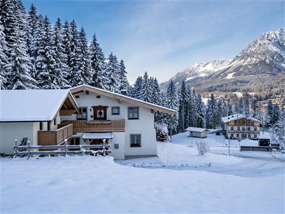 A beautiful house in the snow, surrounded by tall fir trees. Snow-covered mountains are visible in the background.