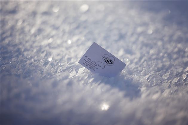 Eine kleine Visitenkarte liegt auf einer schneebedeckten Fläche. Der Schnee glitzert im Licht.