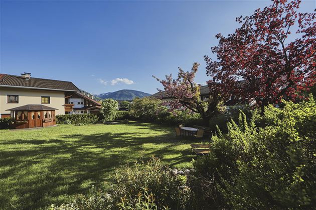 A green garden with a blooming tree and surrounding mountains. In the background, several houses can be seen.