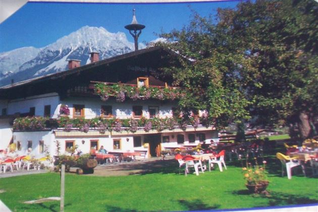A charming guesthouse with blooming balconies and a beautiful meadow. Impressive mountains can be seen in the background.
