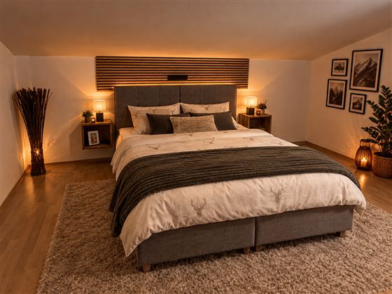 Een gezellige slaapkamer met een groot bed en warm licht. Decoratieve elementen zoals planten en foto's zorgen voor een uitnodigende sfeer.