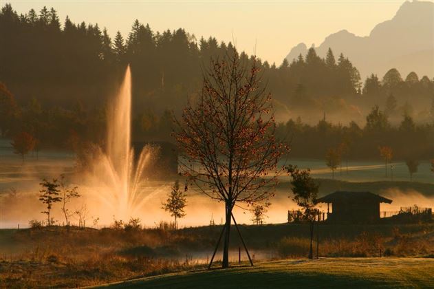Ein schöner Morgen in der Natur mit einem Springbrunnen und einem Nebel über der Wiese. Im Hintergrund sind Bäume und Berge sichtbar.