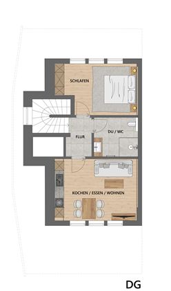 Eine übersichtliche Grundrisszeichnung eines Dachgeschosses. Die Bereiche umfassen ein Schlafzimmer, ein Badezimmer, einen Flur und ein Wohn- bzw. Esszimmer.