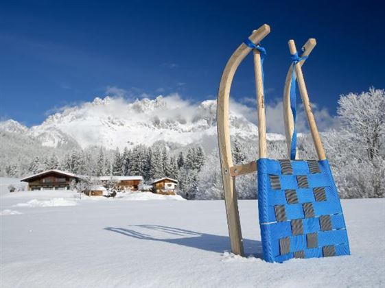 Eine malerische Winterlandschaft mit schneebedeckten Bergen im Hintergrund. Vorne sind gemütliche Holzhäuser umgeben von verschneiten Bäumen.