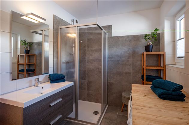 Een moderne badkamer met een glazen douche en een wastafel. Op de houten plank staan planten en handdoeken.