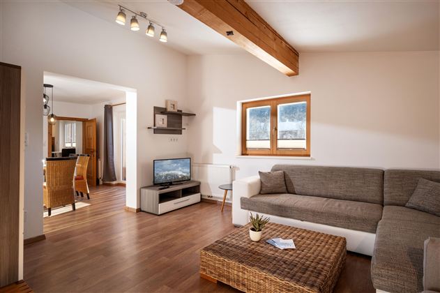 Een moderne woonkamer met een gezellige bank en een salontafel. De grote ramen zorgen voor veel daglicht en een heldere sfeer.