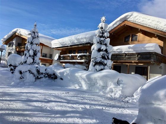 Ein verschneites Winterlandschaft mit Holzunterkünften und schneebedeckten Bäumen. Der blaue Himmel sorgt für einen klaren und sonnigen Eindruck.