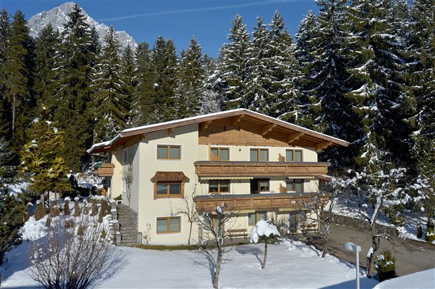 Ein gemütliches Haus in den Bergen, umgeben von schneebedeckten Bäumen. Der Winterhof ist ruhig und malerisch.