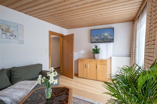 A cozy living room with a green sofa and a wooden cabinet. A television hangs on the wall and plenty of daylight streams through the window.