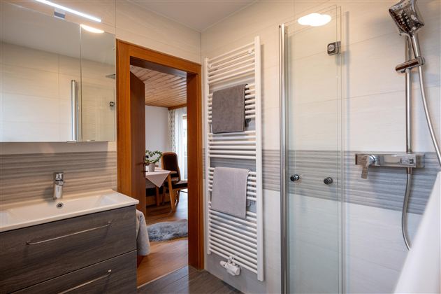 A modern bathroom with a shower and a vanity. Towels hang on the wall, and there is a view of a living area.