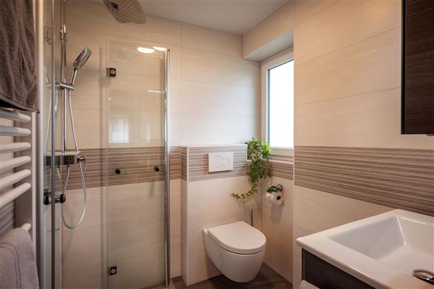 A modern bathroom with a shower, a white sink, and a toilet. Large windows provide plenty of daylight, and a green plant adds a fresh touch.