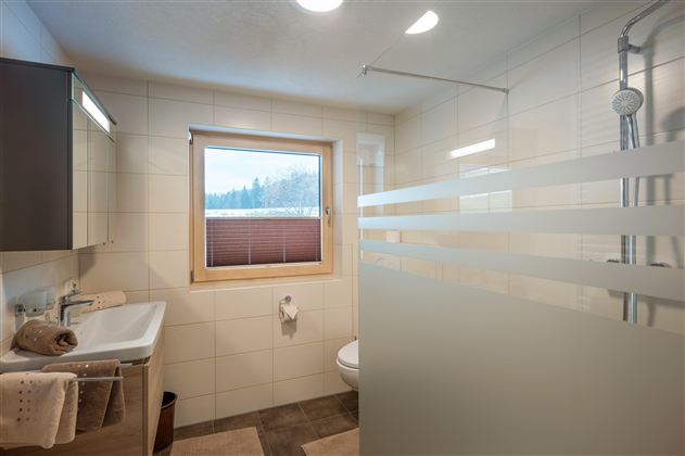 Ein modernes Badezimmer mit Dusche und Waschbecken. Große Fenster sorgen für viel natürliches Licht.