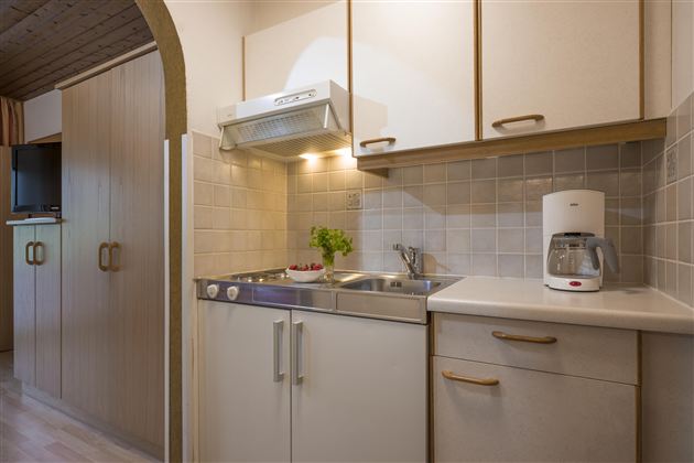 A small, well-equipped kitchen with a sink, a kettle, and a plant on the countertop. The room has bright walls and wooden cabinets.