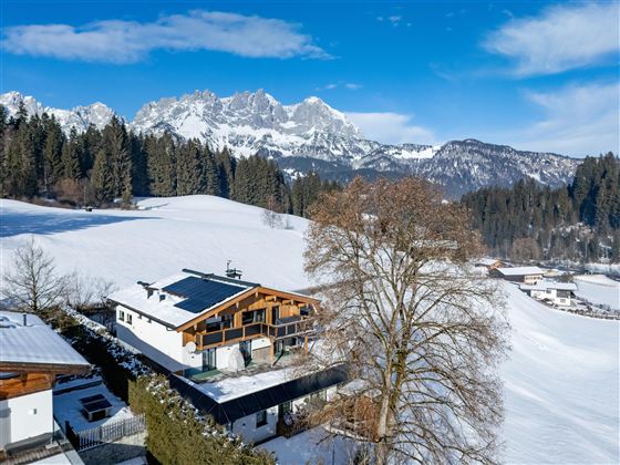 Een pittoresk winterlandschap met besneeuwde bergen en een houten huis. Op de voorgrond staan groene bomen en zachte heuvels.