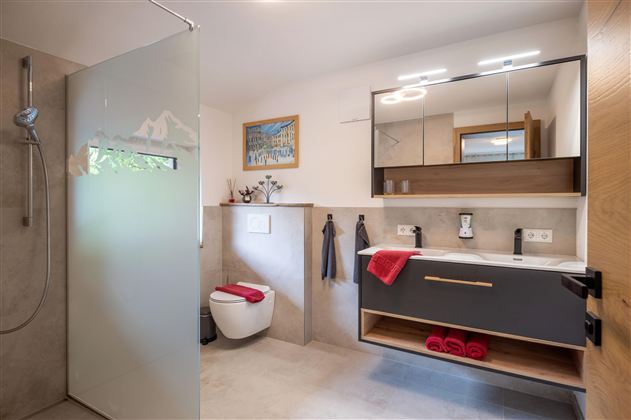 A modern bathroom with a shower, a sink, and a wall-mounted toilet. Colorful towels and a mirror complement the elegant furnishings.