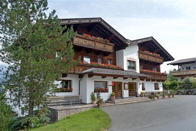A charming alpine house with wooden balustrades and blooming flowers on the balconies. Surrounded by green landscape and trees.