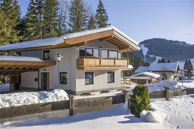 A modern house in the snow, surrounded by fir trees. Snow-covered mountains are visible in the background.