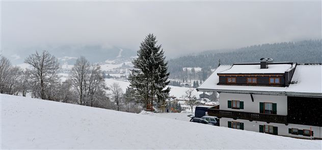 Een met sneeuw bedekt landschap met een gezellig huis en een hoge boom. Op de achtergrond zijn zachte heuvels en een bewolkte lucht zichtbaar.
