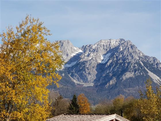 A majestic mountain with a snow-capped peak and colorful foliage in the foreground. The sky is clear, and it is a beautiful autumn day.