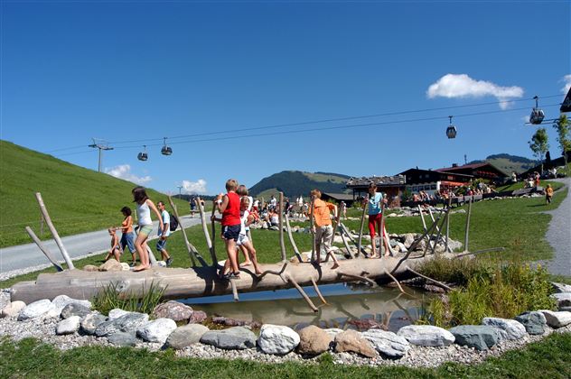 Eine Gruppe von Menschen springt über einen Holzstamm in einer grünen Landschaft. Im Hintergrund sind Seilbahnen und ein gemütliches Restaurant zu sehen.