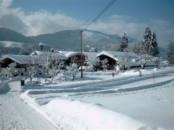 A snowy landscape with cozy wooden houses and snow-covered trees. The clear sky and mountain backdrop give the scene a tranquil atmosphere.