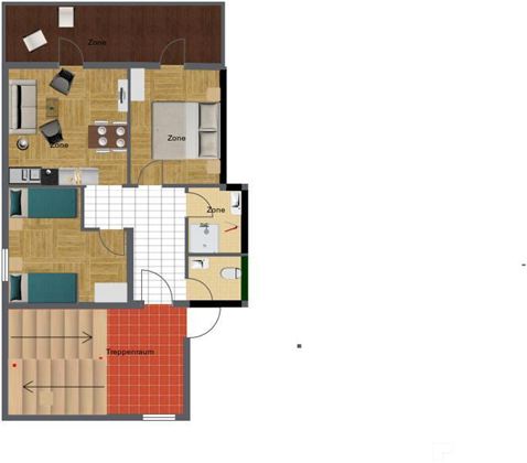 Eine Grundrisszeichnung einer Wohnung mit mehreren Zimmern. Der Plan zeigt Wohnzimmer, Schlafzimmer und eine Treppe im unteren Bereich.