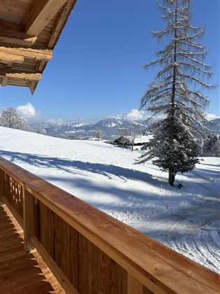 A beautiful winter view with snow-covered fields and a clear blue sky. In the foreground stands a mighty tree and a wooden porch.