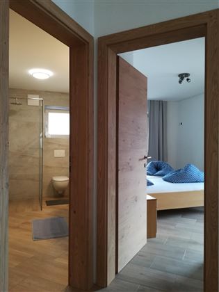 A modernly furnished room with two doors. On the left side is a bathroom with a shower, on the right side a bedroom with a bed and pillows.