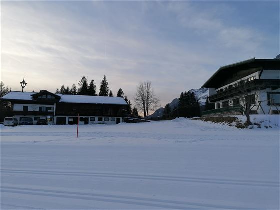 Ein malerischer Wintertag mit schneebedeckten Gebäuden und Bäumen. Die sanfte Abenddämmerung schafft eine ruhige Atmosphäre.