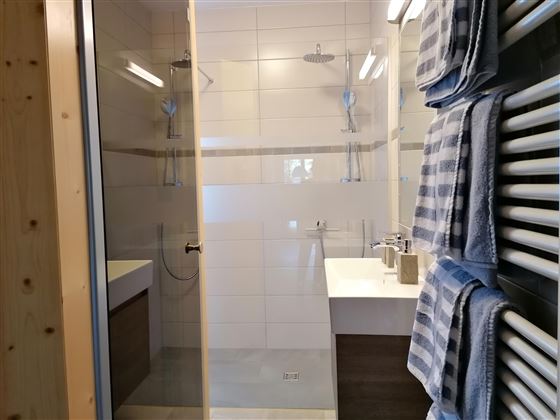 Een modern badkamer met een glazen douche en stijlvolle handdoeken. De muren zijn in neutrale tinten gehouden en creëren een uitnodigende sfeer.