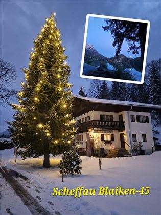 Ein winterliches Szenario mit einem festlich beleuchteten Weihnachtsbaum vor einem gemütlichen Haus im Schnee. Im Hintergrund ist eine Berglandschaft zu sehen.