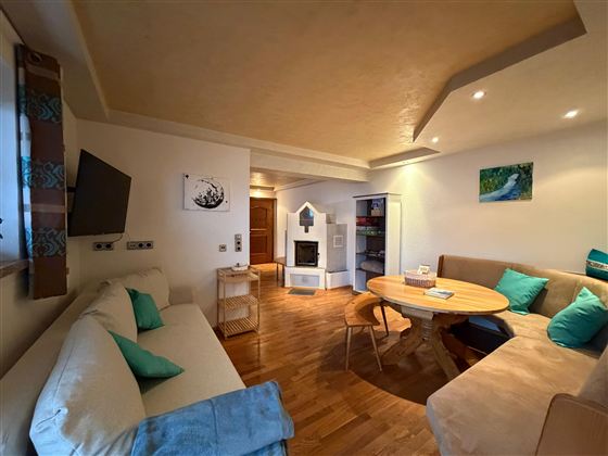 Ein gemütlicher Raum mit einem hellen Holzfußboden und bequemen Möbeln. Die Einrichtung ist modern und einladend, mit einem Fernseher und einem Kamin.