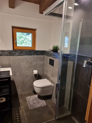 A modern bathroom with a shower and a toilet. The walls are in neutral colors, and a window provides natural light.