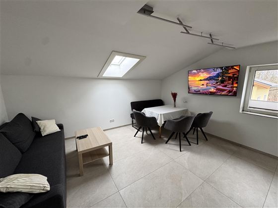 Ein modernes Zimmer mit einem schwarzen Sofa und einem Tisch, umgeben von Stühlen. An der Wand hängt ein Fernseher, und ein Dachfenster lässt Tageslicht herein.