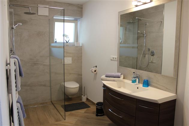 A modern bathroom with a glass shower cabin and wooden floor. There is an elegant sink area with a large mirror.