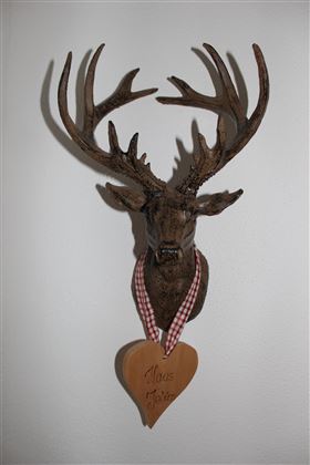 A mounted deer antler head, adorned with a heart-shaped wooden plaque. The plaque bears the inscription “Moin” and is decorated with a checkered ribbon.