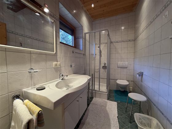 Ein modernes Badezimmer mit einer Dusche und einem Waschbecken. Es ist hell und sauber mit Fliesen und Holzdetails.