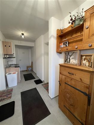 Een gezellige gang met houten kasten en tapijten. Aan de linkerkant bevindt zich een kleine keuken en een voordeur.