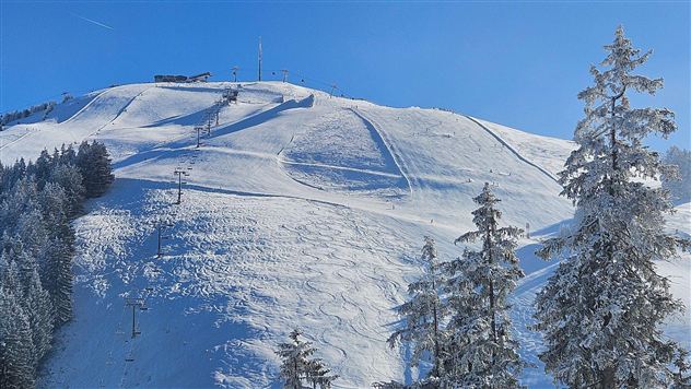 A snowy mountain landscape with ski tracks and trees. The sky is clear and blue, ideal for winter sports.