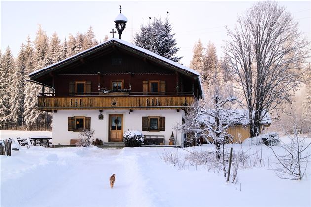 A charming snow-covered house surrounded by a winter landscape. Trees and a tranquil atmosphere give the image an idyllic mood.