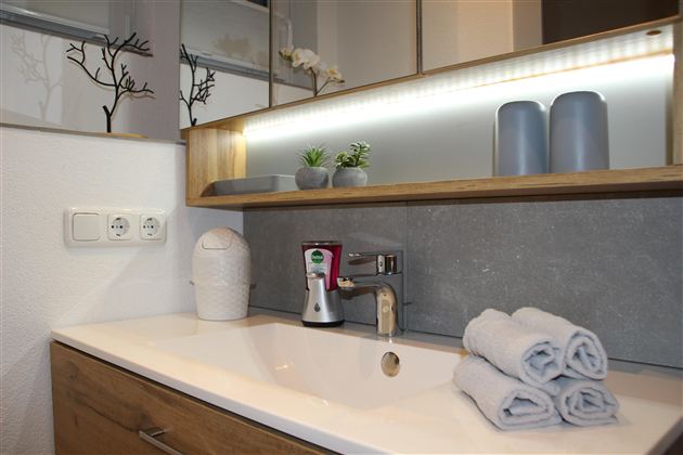 Ein elegantes Waschbecken und frische Handtücher. Im Hintergrund sind dekorative Pflanzen und stilvolle Aufbewahrungsbehälter zu sehen.