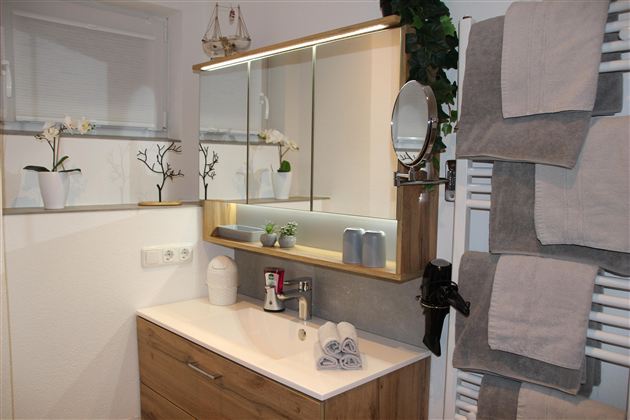 Auf der Ablage befinden sich dekorative Pflanzen und Badutensilien.